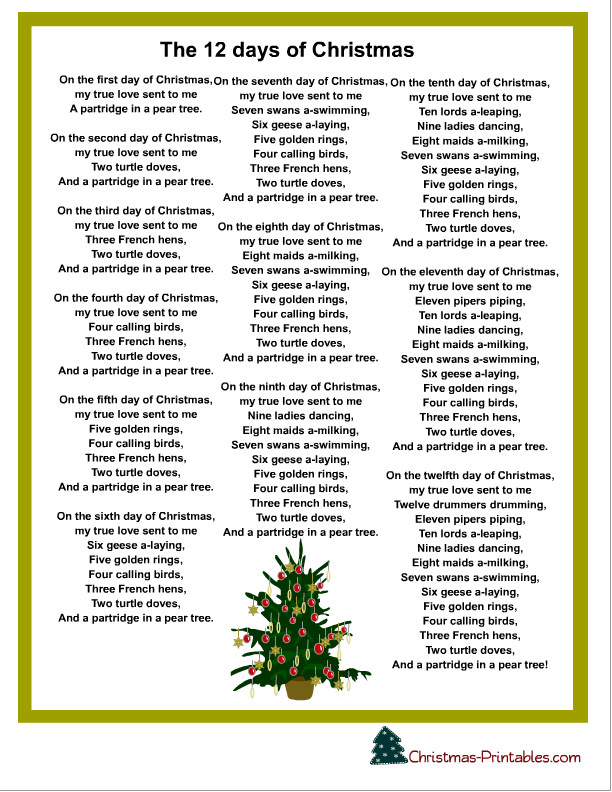 The Words To 12 Days Of Christmas Printable - Printable Word Searches