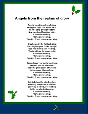 free printable christmas carol, angels from the realm of glory