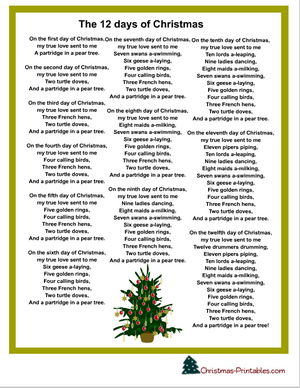 the 12 days of christmas carol printable