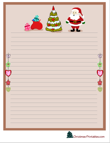 christmas stationery printable with santa, christmas tree and gifts