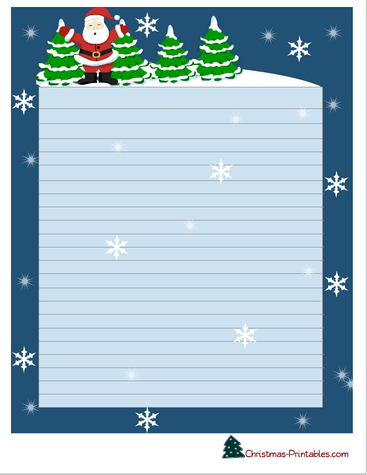 cute christmas stationery printable with santa, trees and snowflakes