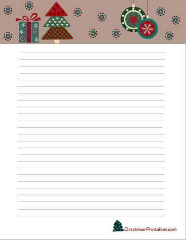 printable christmas stationery featuring tree, ornaments and gift design