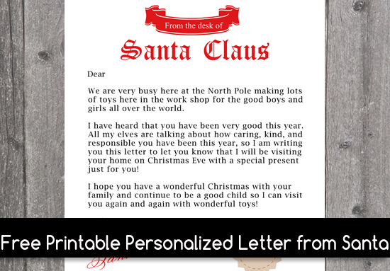 Free Printable Pesonalized Letter from Santa