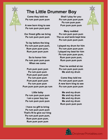 Free Printable the little Drummer Boy Christmas Carol Lyrics